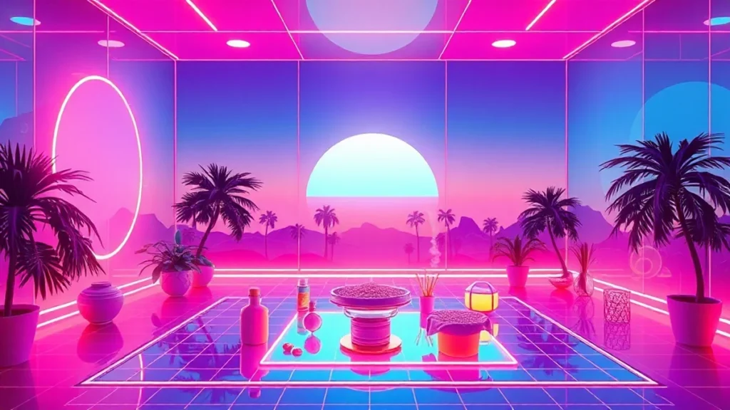 A stylized Y2K scene showing a glowing J-beauty ritual with holographic skincare products and a radiant character.