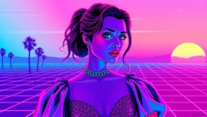 Anne Hathaway wears a glowing Versace gown in a neon-lit retro Y2K fashion scene.