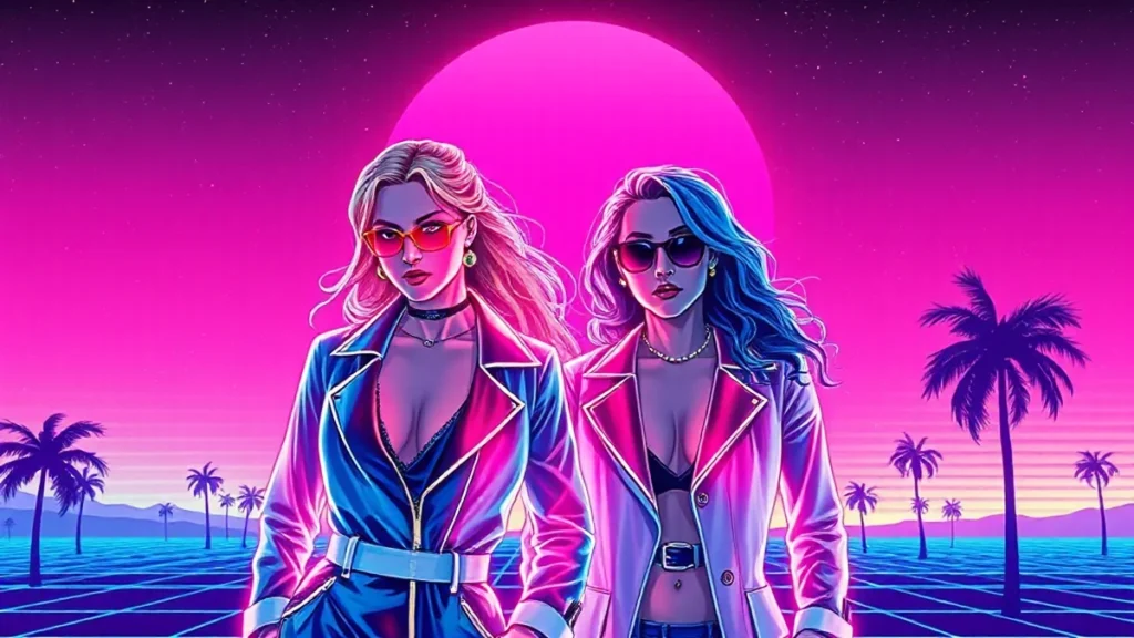 Anne Hathaway and Meryl Streep in futuristic fashion with glowing digital elements.