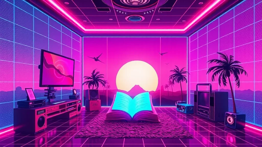 A glowing pop star and manuscript float in a neon-lit Y2K computer room with floating data streams.