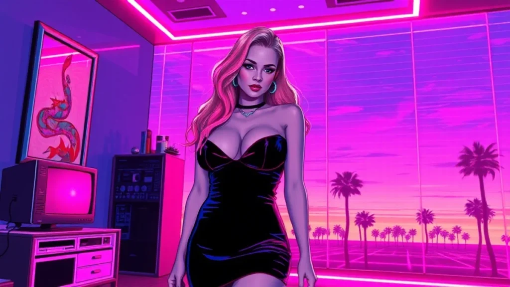 A stylized Y2K illustration of Anne Hathaway in a black velvet dress glowing in a neon-lit digital room with floating ho
