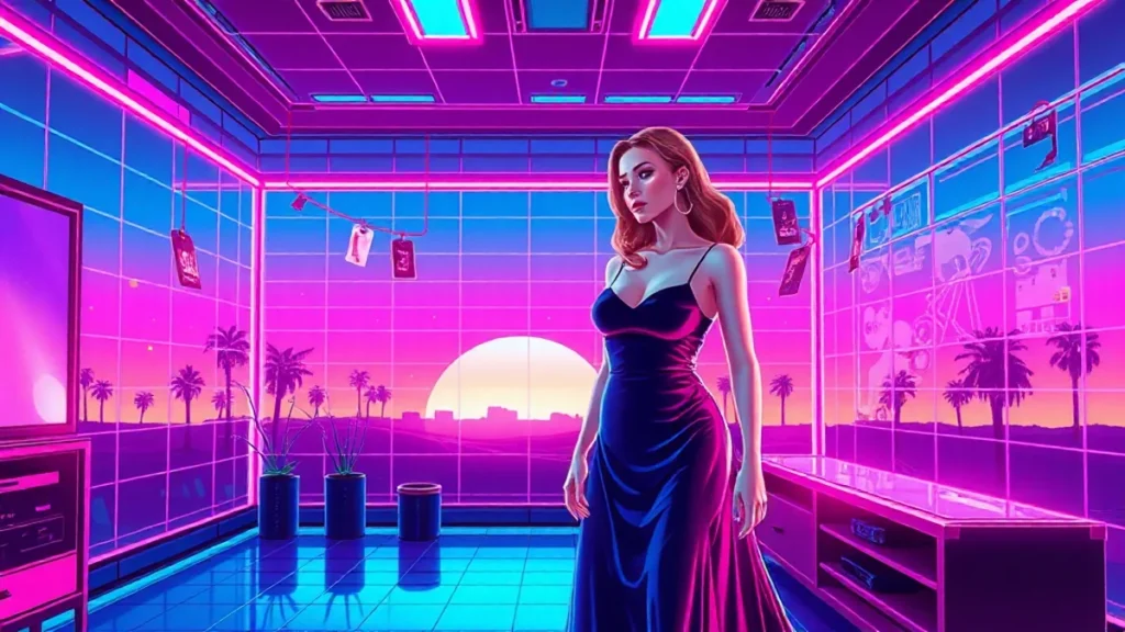 A stylized Y2K illustration of Anne Hathaway in a velvet dress with holographic elements and neon lighting.