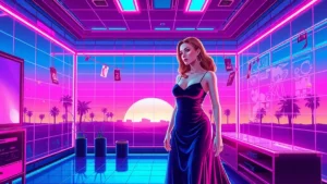 A stylized Y2K illustration of Anne Hathaway in a velvet dress with holographic elements and neon lighting.