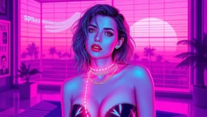 Anne Hathaway in a neon-lit Y2K room with holographic lyrics and synthwave background.