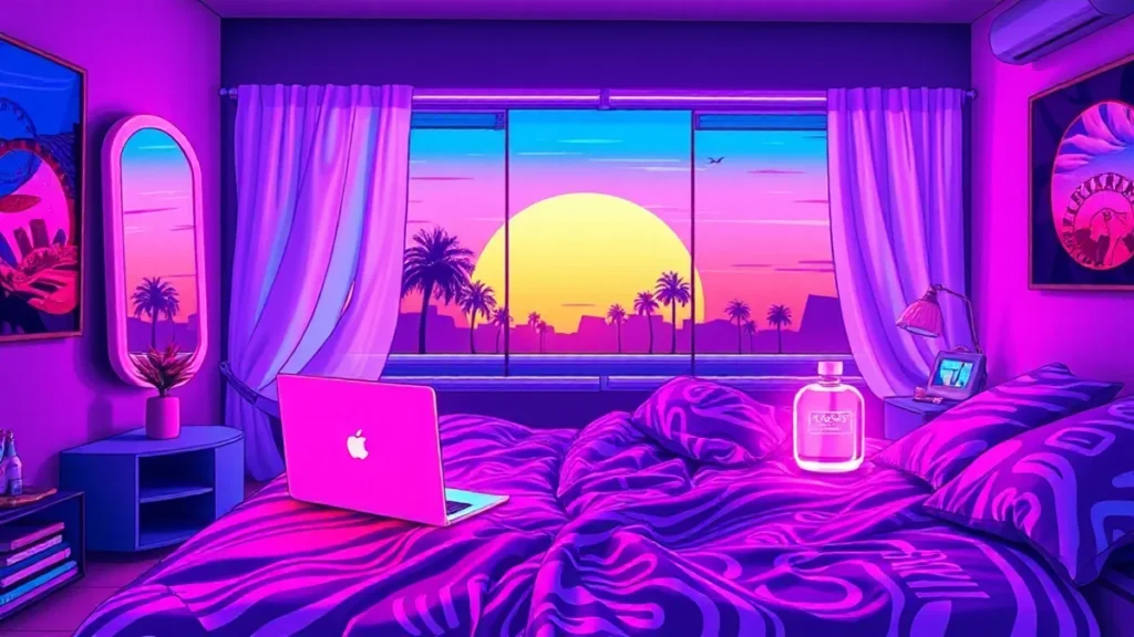 A glowing Y2K bedroom with neon elements and a glowing mother figure in a cyberpunk style.