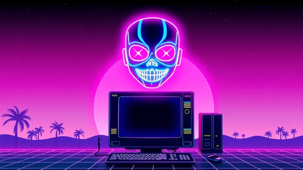 A glowing LED mask pulses with red and blue light above a retro computer screen in a neon-lit Y2K room.