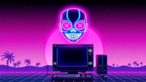 A glowing LED mask pulses with red and blue light above a retro computer screen in a neon-lit Y2K room.
