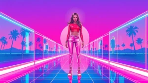 Bella Hadid in glowing Y2K jeans on a digital runway with holographic fashion displays.