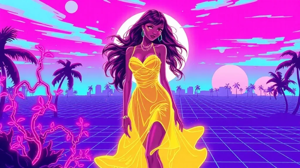 A glowing yellow dress figure in a neon Y2K synthwave environment with holographic elements and digital vines.