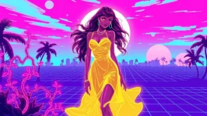 A glowing yellow dress figure in a neon Y2K synthwave environment with holographic elements and digital vines.