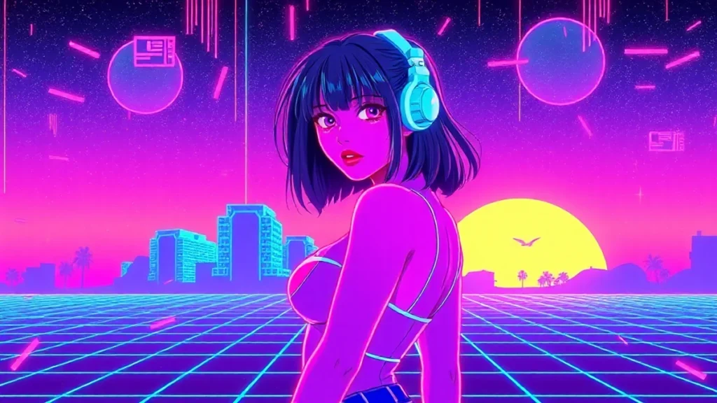 A retro Y2K girl wearing a bra-free tank in a neon-lit synthwave environment with floating holograms.