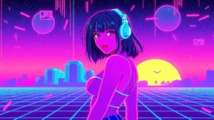A retro Y2K girl wearing a bra-free tank in a neon-lit synthwave environment with floating holograms.