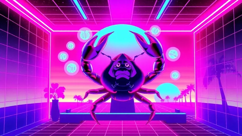 A Cancer Cancerian in a glowing Y2K room with floating holographic friendship symbols and cosmic energy.