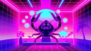 A Cancer Cancerian in a glowing Y2K room with floating holographic friendship symbols and cosmic energy.