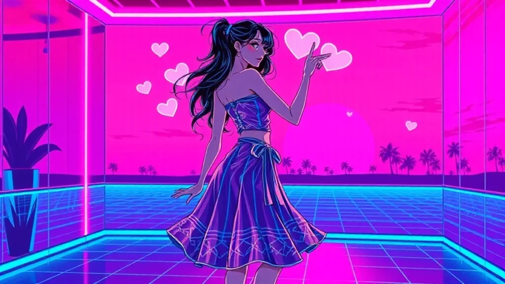 A Capricorn girl dances in a neon-lit Y2K room surrounded by floating digital hearts and a glowing party banner.