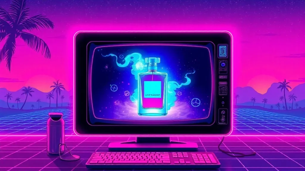 A stylized Y2K computer screen shows a glowing perfume bottle with holographic effects and a cyberpunk celebrity figure