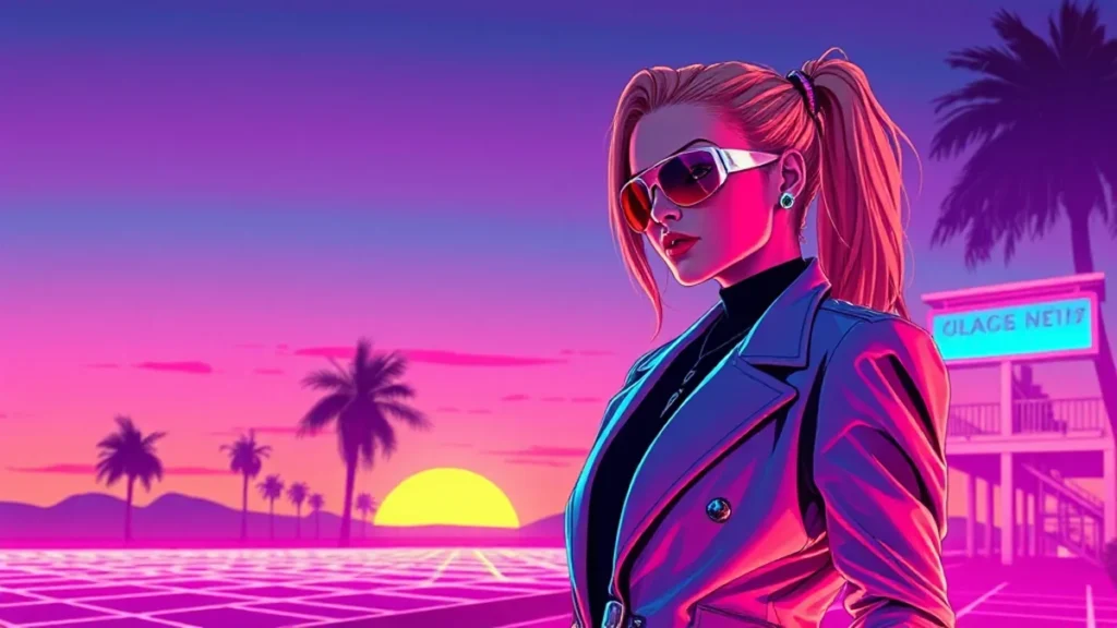 Charlize Theron in a retro Y2K styled red carpet look with neon and holographic elements.