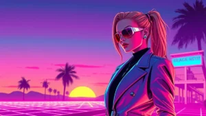 Charlize Theron in a retro Y2K styled red carpet look with neon and holographic elements.