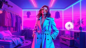 A stylized Y2K scene featuring Christie Tyler in a trench coat surrounded by glowing holographic clothing and digital mo