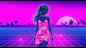 A glowing Y2K fashion figure in a digital art scene with holographic elements and synthwave background.
