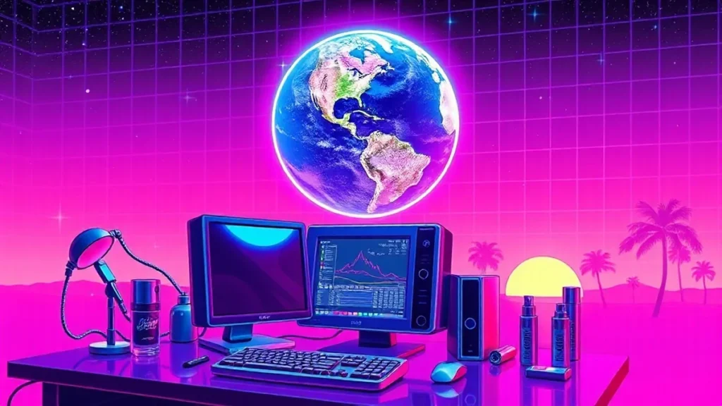 A glowing Earth orb surrounded by neon flora and holographic beauty products on a retro Y2K computer desk.