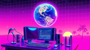 A glowing Earth orb surrounded by neon flora and holographic beauty products on a retro Y2K computer desk.