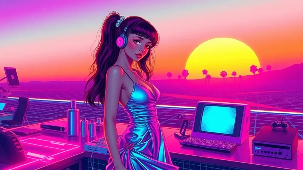 A stylized Y2K girl in a shimmering midi dress surrounded by holographic elements in a neon-lit synthwave cityscape.