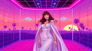 Dakota Johnson wears a white gown and cape in a neon Y2K styled red carpet scene with holographic elements.