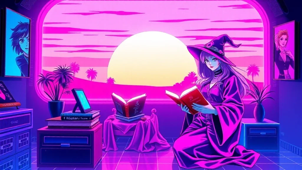 Demi Lovato and Selena Gomez in a neon Y2K wizard room with holographic magic and glowing runes.