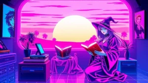 Demi Lovato and Selena Gomez in a neon Y2K wizard room with holographic magic and glowing runes.