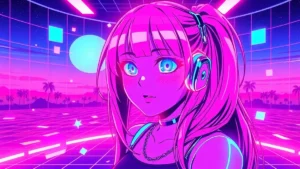A retro Y2K anime girl with glowing eyes surrounded by holographic under-eye patches in a neon-lit room.