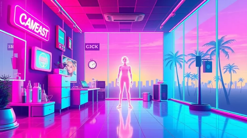 A retro Y2K styled illustration of a glowing figure surrounded by holographic beauty products in a neon-lit vaporwave ro
