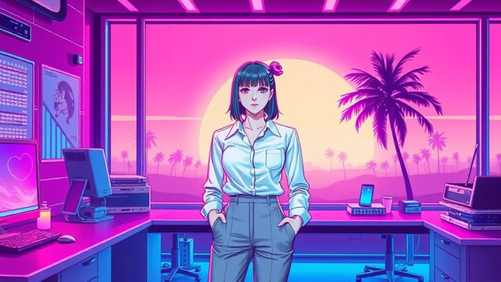 A retro Y2K styled woman in a business casual outfit with glowing digital elements around her.