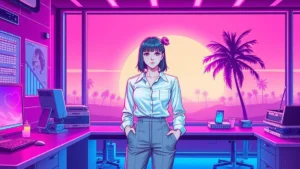 A retro Y2K styled woman in a business casual outfit with glowing digital elements around her.