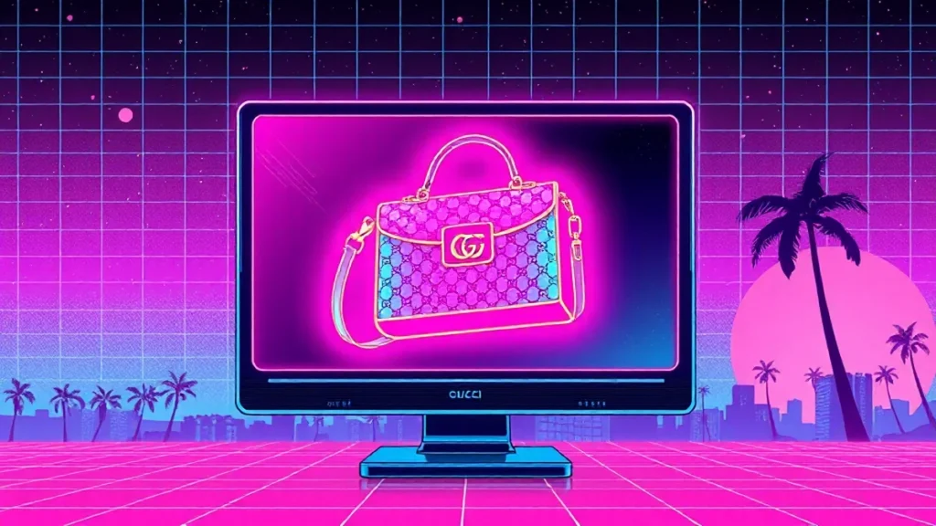 A retro Y2K computer screen shows glowing Gucci and Versace handbags in a synthwave cityscape.