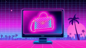 A retro Y2K computer screen shows glowing Gucci and Versace handbags in a synthwave cityscape.