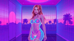 A stylized Y2K fashion model wearing a glowing Calvin Klein-inspired dress in a neon-lit room with floating digital elem