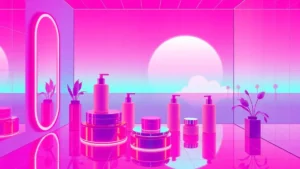 A serene figure in a pastel robe applies glowing serum in a neon-lit Y2K room with floating holographic skincare product