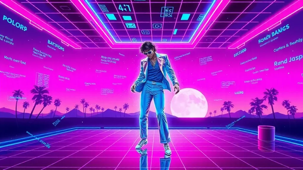 A stylized Y2K neon scene features a holographic Michael Jackson performing a moonwalk with floating digital lyrics and
