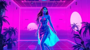 A glowing holographic royal figure in a navy Y2K dress set against a neon cyberpunk background.