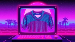 A pixelated knitter in a neon Y2K computer room with a glowing knitted top and floating holographic buttons.