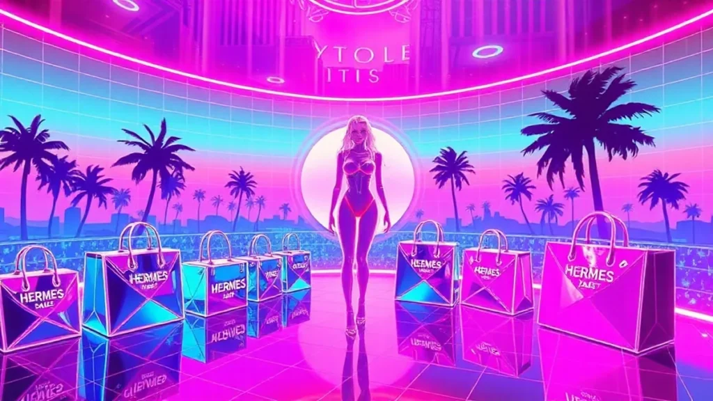 Glowing Kylie figure in a neon Y2K room surrounded by floating Hermès bags and holographic mirrors.