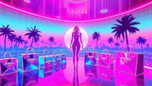 Glowing Kylie figure in a neon Y2K room surrounded by floating Hermès bags and holographic mirrors.