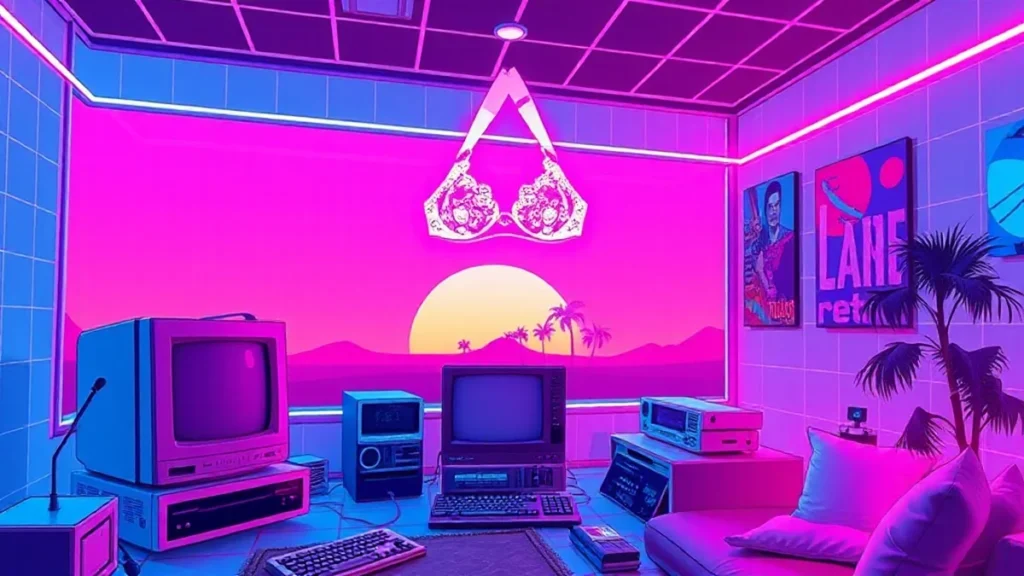 A glowing surreal cone bra floats above a retro computer in a neon Y2K styled room.