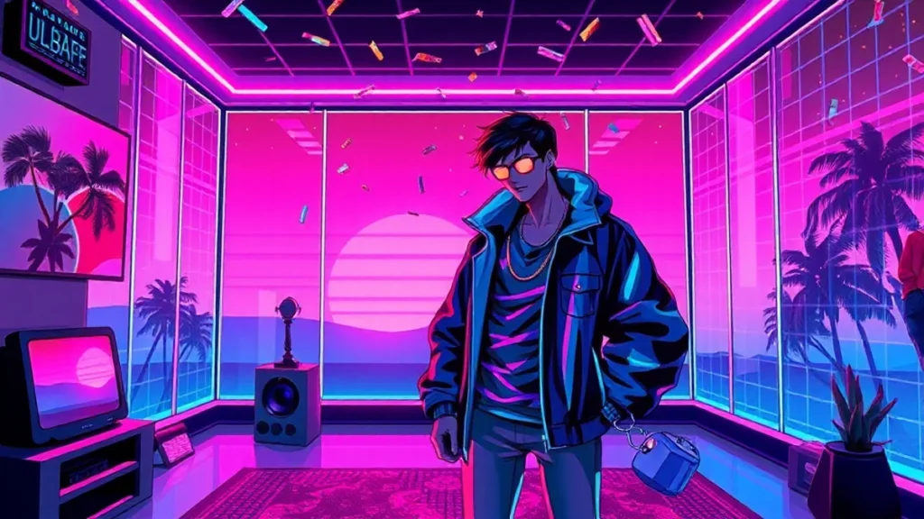 Leighton Meester and Chace Crawford in a neon-lit Y2K room with holographic effects and synthwave background.