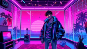 Leighton Meester and Chace Crawford in a neon-lit Y2K room with holographic effects and synthwave background.