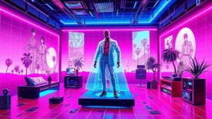 A glowing Y2K fashion designer in a neon-lit room surrounded by holographic designs and digital elements.
