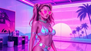 Neon-lit Madonna in a retro vaporwave room wearing pastel leotards and holographic accessories.