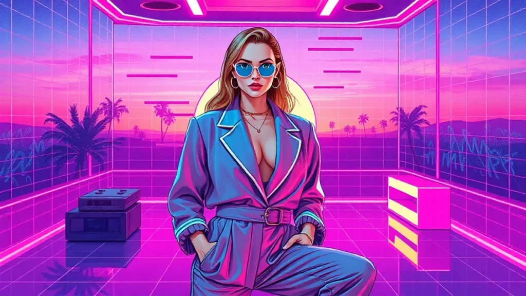 Margot Robbie wears a glowing gray baggy Armani suit in a neon-lit Y2K room with floating holograms.