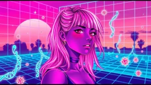 A stylized retro Y2K girl with glowing neon hair surrounded by floating DNA and serum vials in a vaporwave scene.